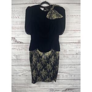 Vintage Scott McClintock Dress Womens 12 Black Gold Velvet Floral Sheath 80s USA